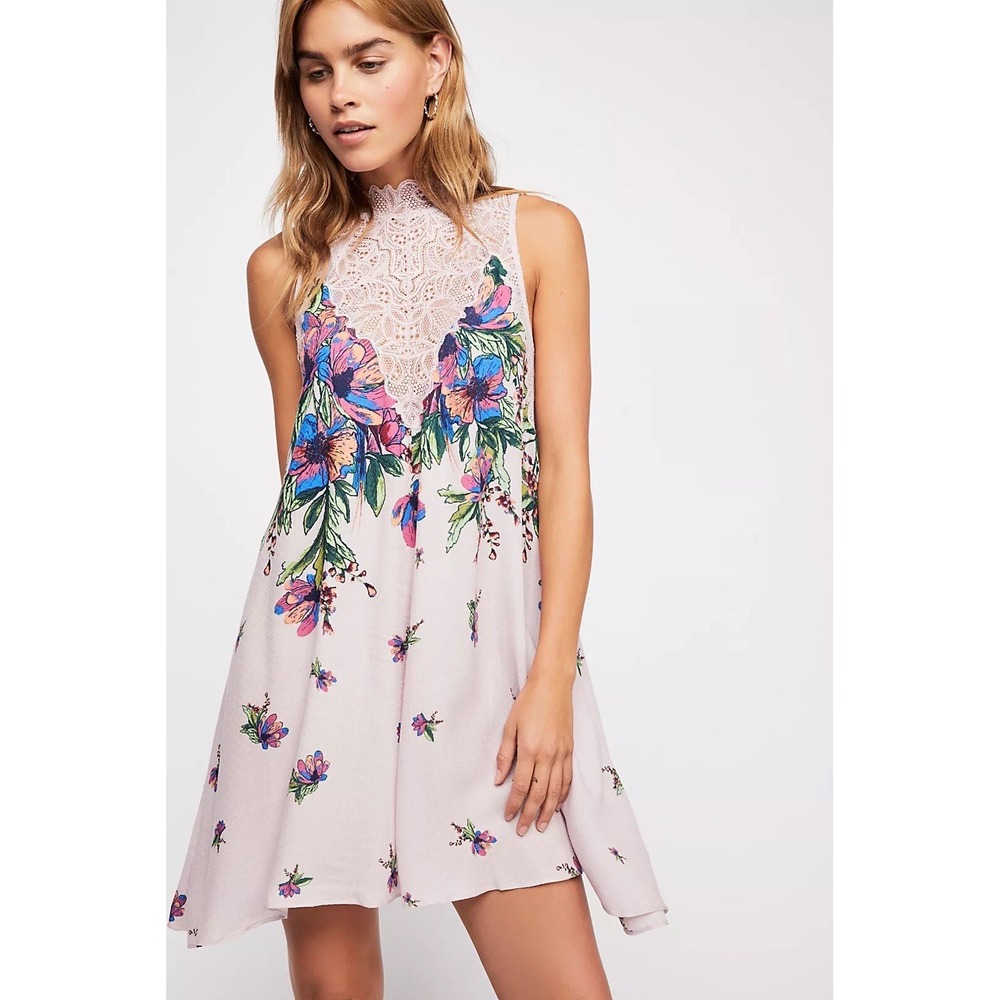 Intimately Free People Pink Floral Lace Mock Neck Mini Dress OB486101 XS